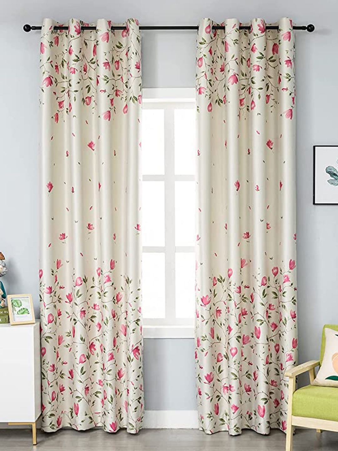 

URBAN SPACE Pink & Green Set of 2 Floral Black Out Long Door Curtain
