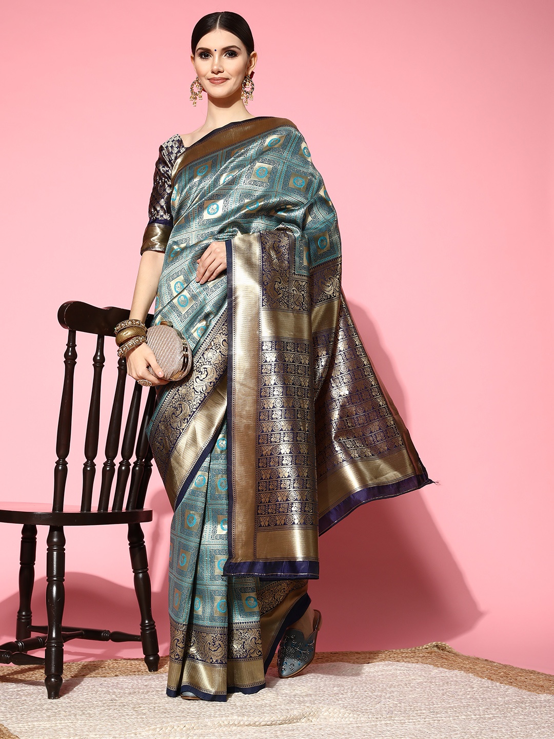 

Saree mall Blue & Gold-Toned Ethnic Motifs Zari Silk Blend Banarasi Sarees