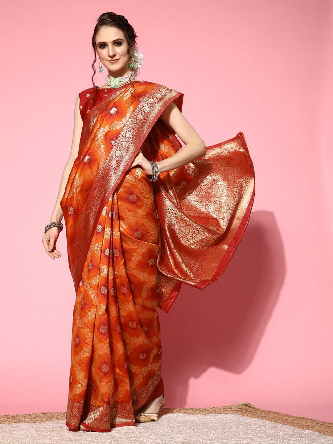 

Saree mall Orange Ethnic Motifs Silk Blend Banarasi Sarees