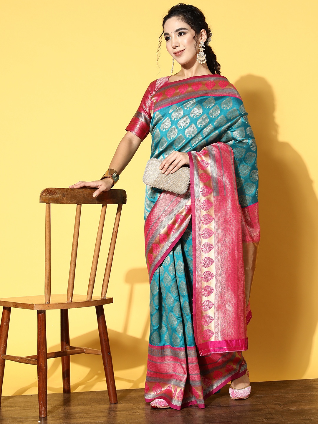 

Saree mall Turquoise Blue & Pink Ethnic Motifs Zari Silk Blend Banarasi Sarees