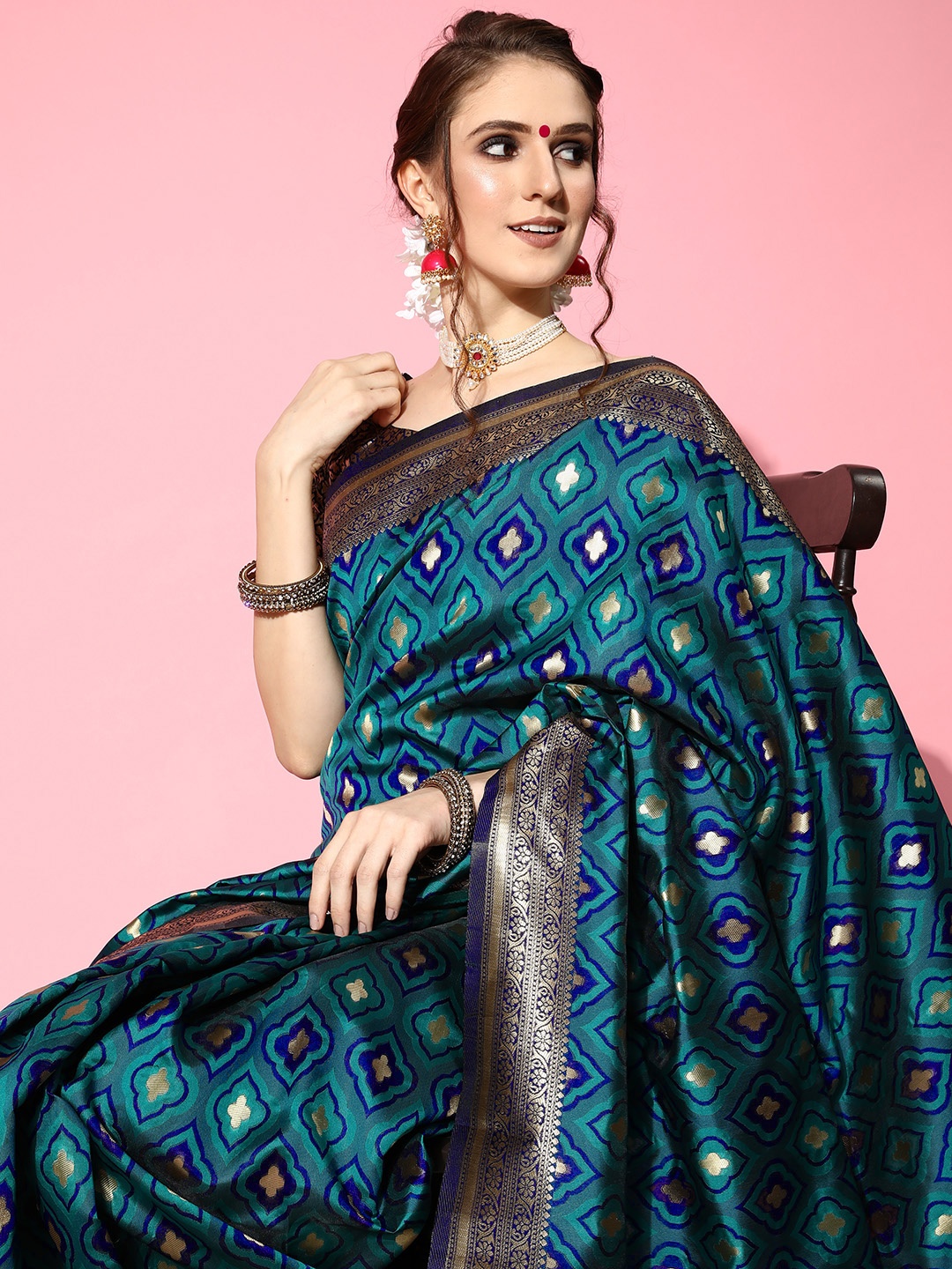 

Saree mall Teal Ethnic Motifs Zari Silk Blend Banarasi Sarees