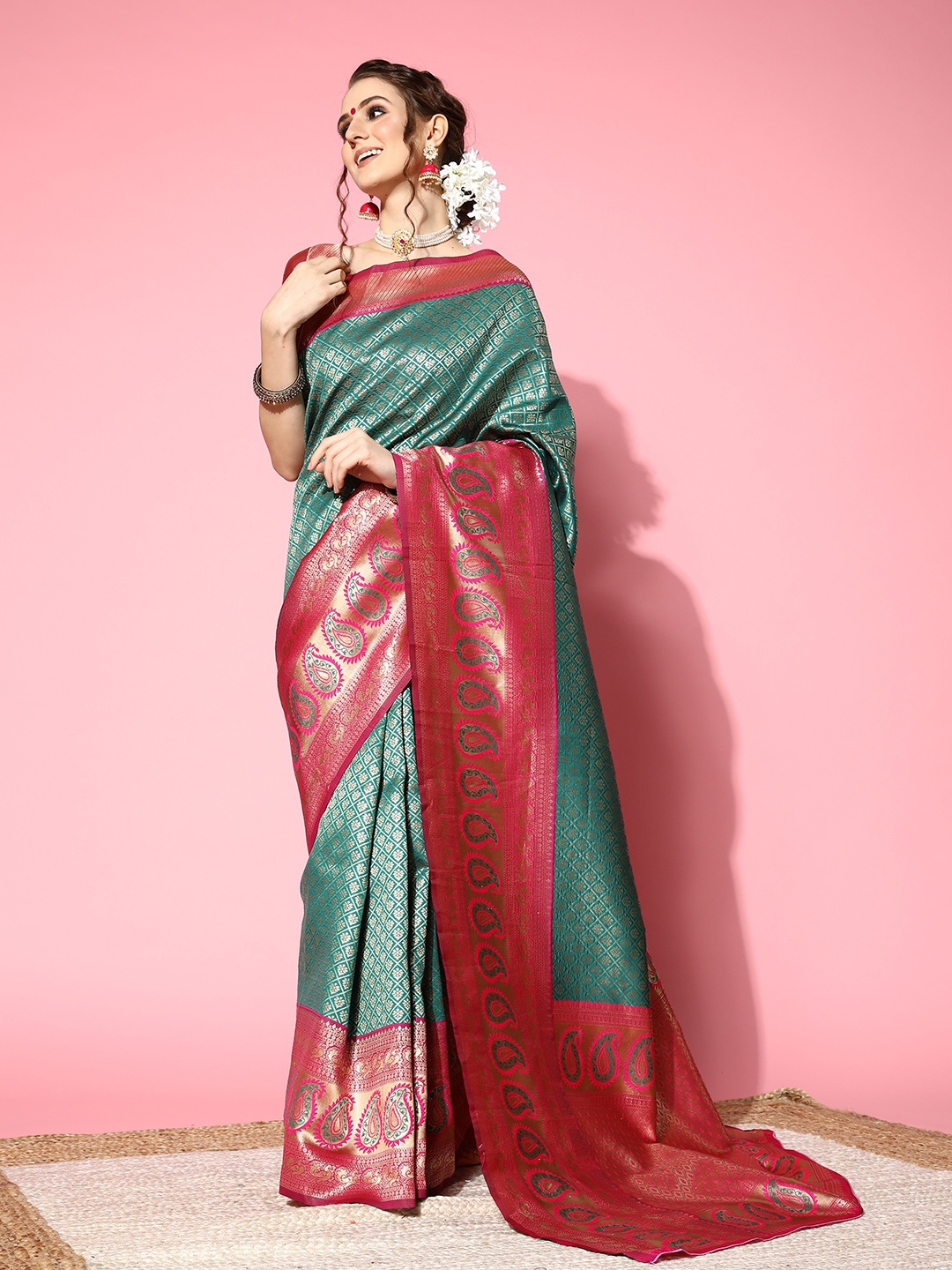 

Saree mall Teal & Red Ethnic Motifs Zari Silk Blend Dharmavaram Sarees