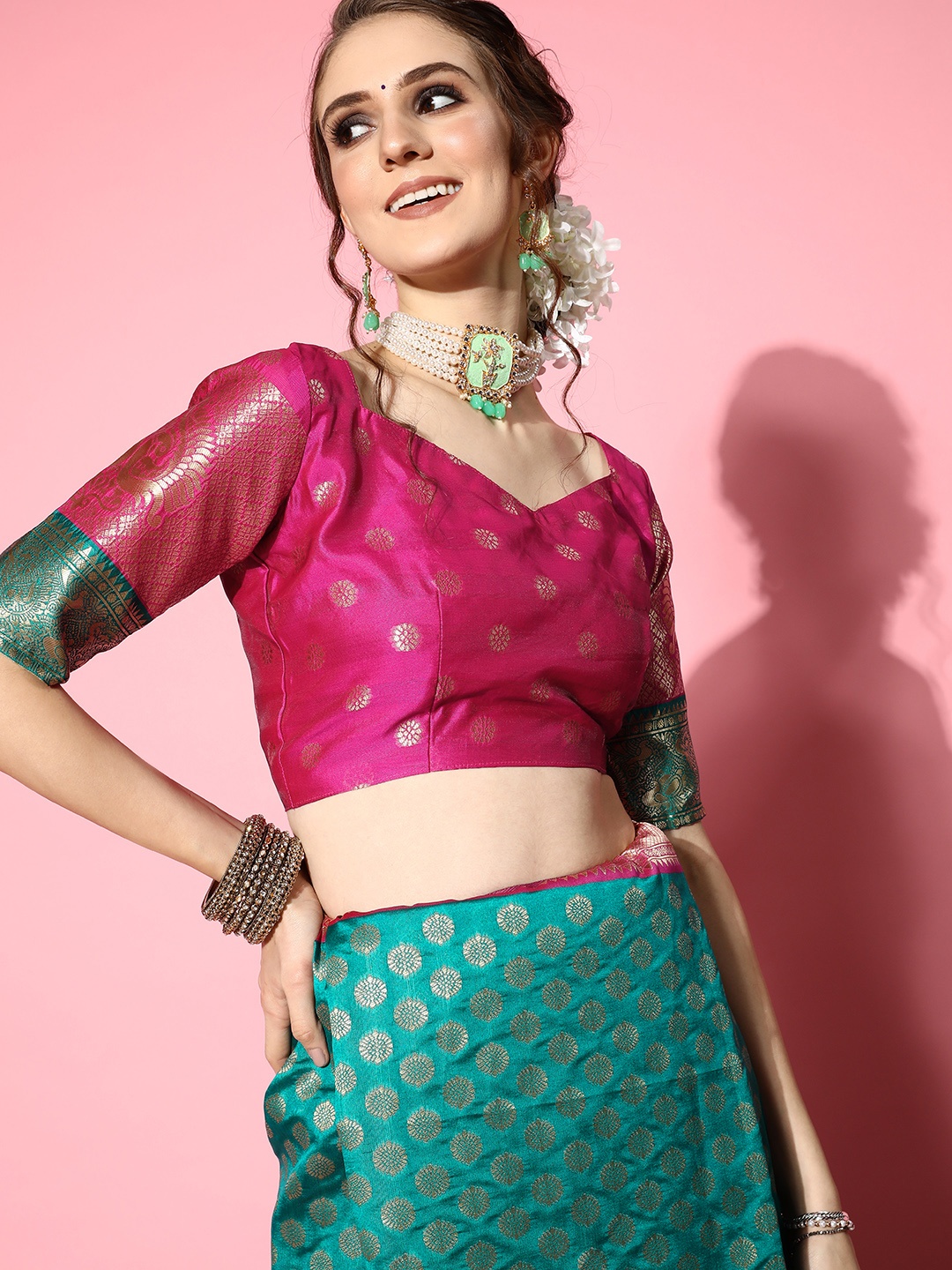 

Saree mall Teal & Pink Ethnic Motifs Silk Blend Dharmavaram Sarees