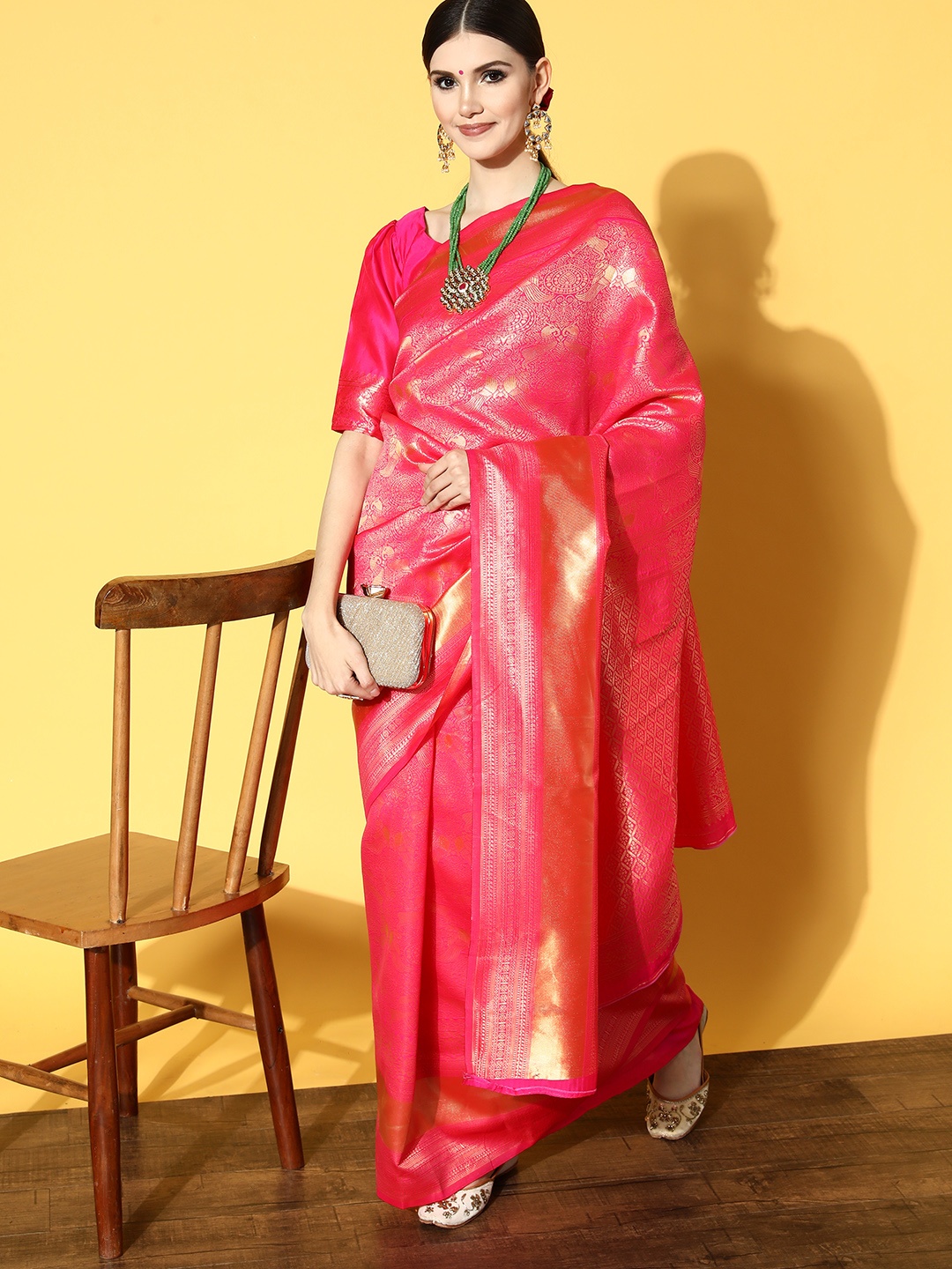 

Saree mall Pink & Gold-Toned Ethnic Motifs Silk Blend Banarasi Sarees