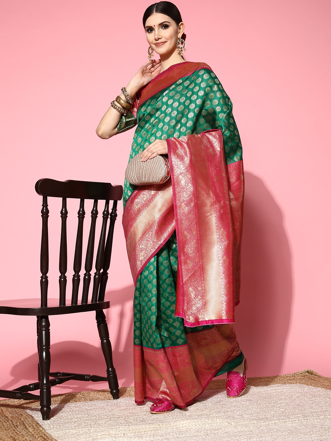 Saree mall Green & Orange Ethnic Motifs Zari Silk Blend Dharmavaram Sarees