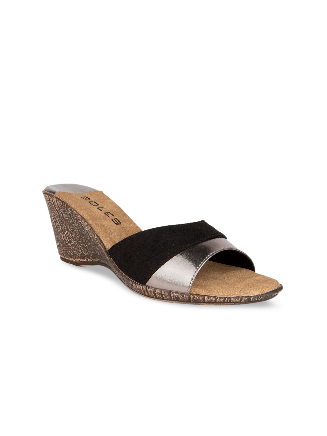 

SOLES Gunmetal-Toned Colourblocked Wedge Sandals, Metallic