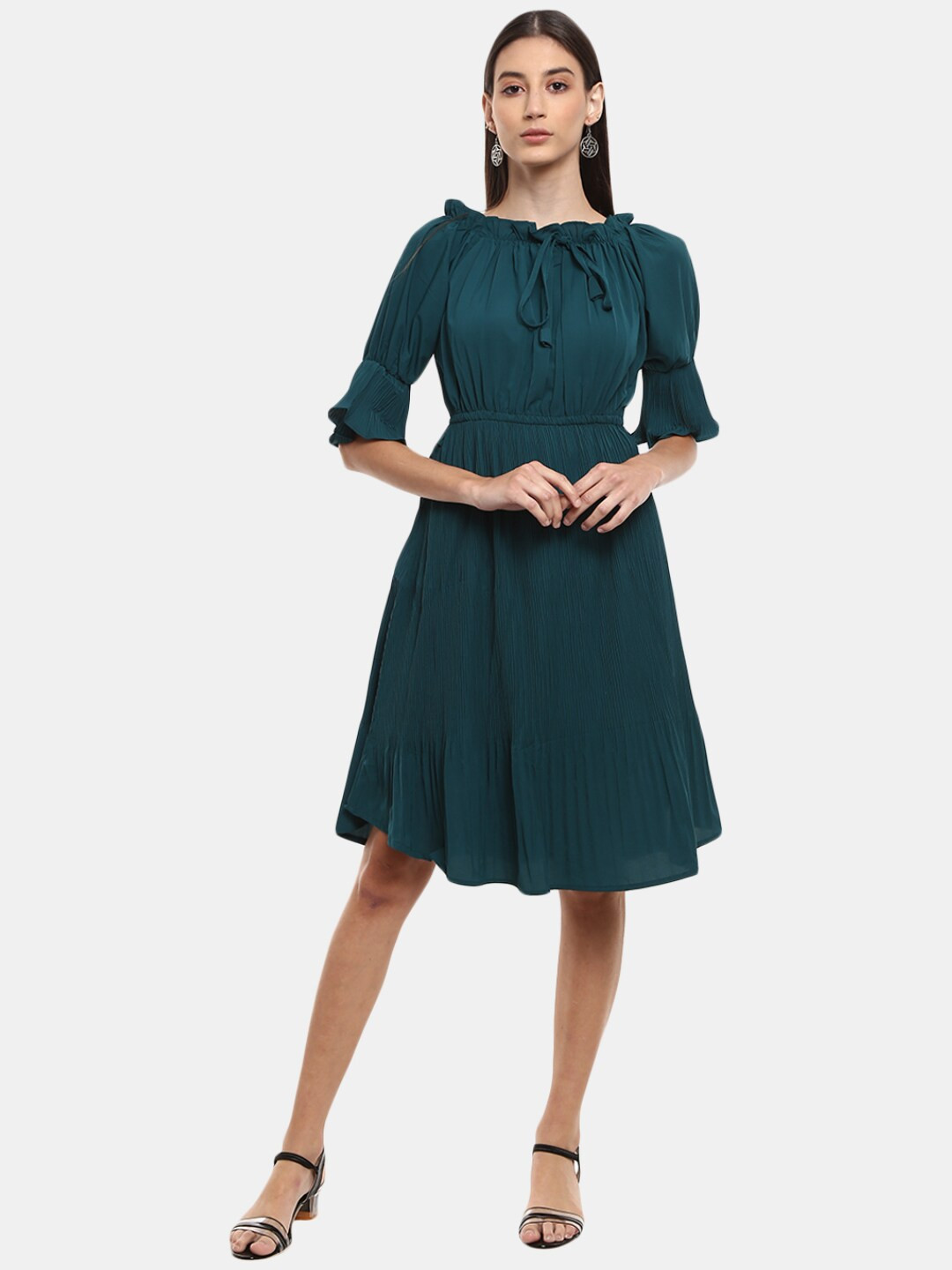 

V-Mart Teal Green Tie-Up Neck Georgette Dress