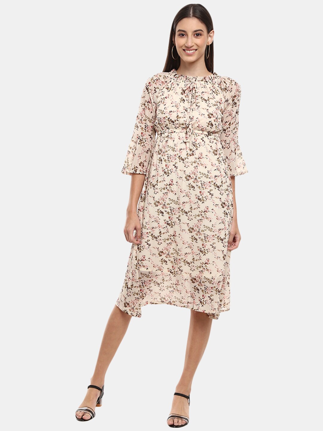 

V-Mart Cream-Coloured Floral Tie-Up Neck Georgette Empire Dress