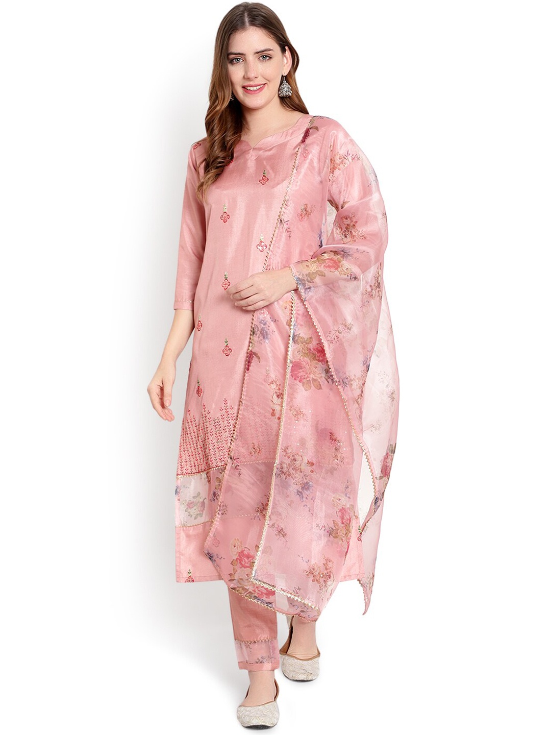 

heemara Women Peach Floral Embroidered Kurta with Trousers & With Dupatta