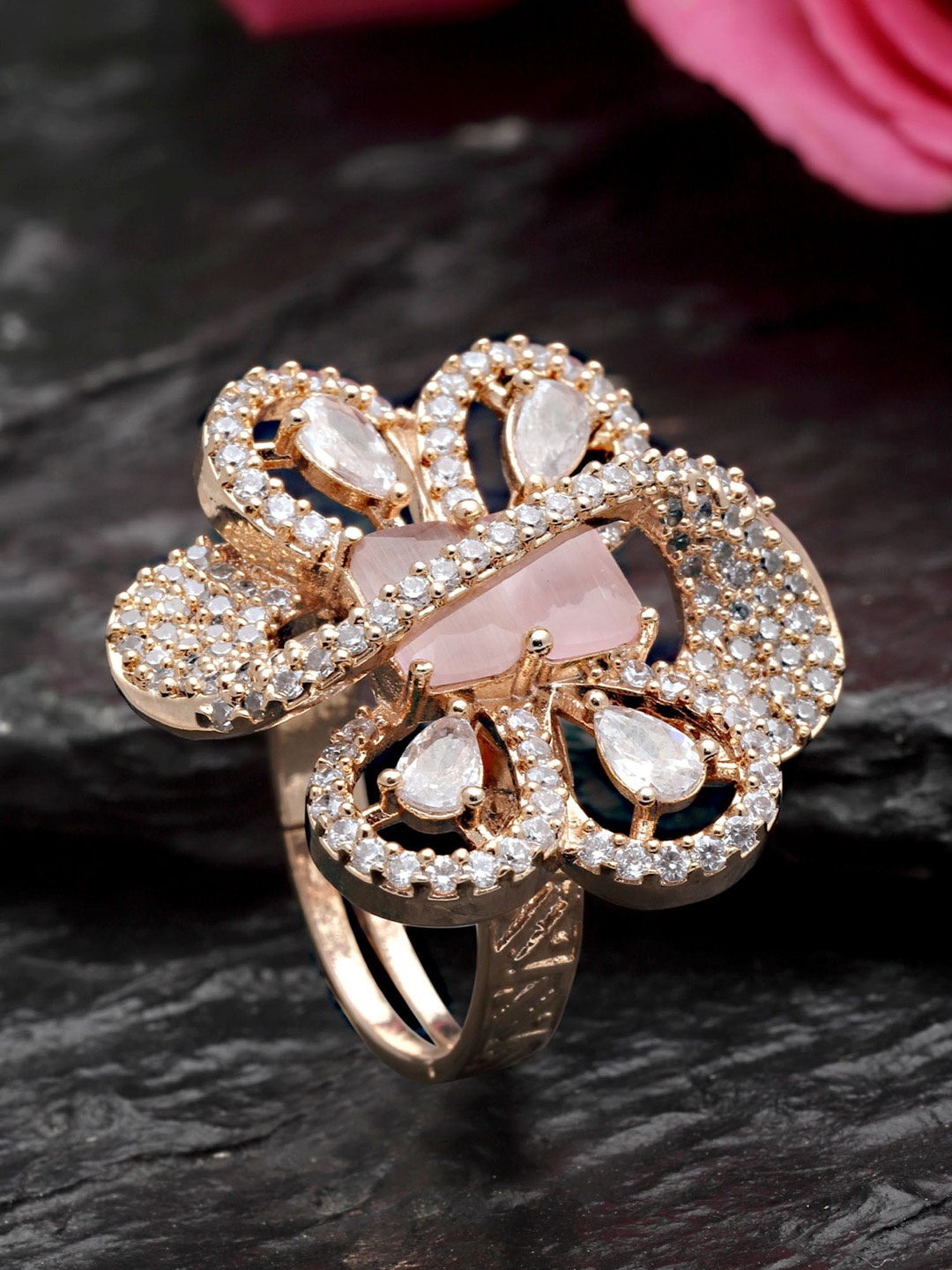 

KARATCART Rose Gold-Plated White CZ Studded Ring