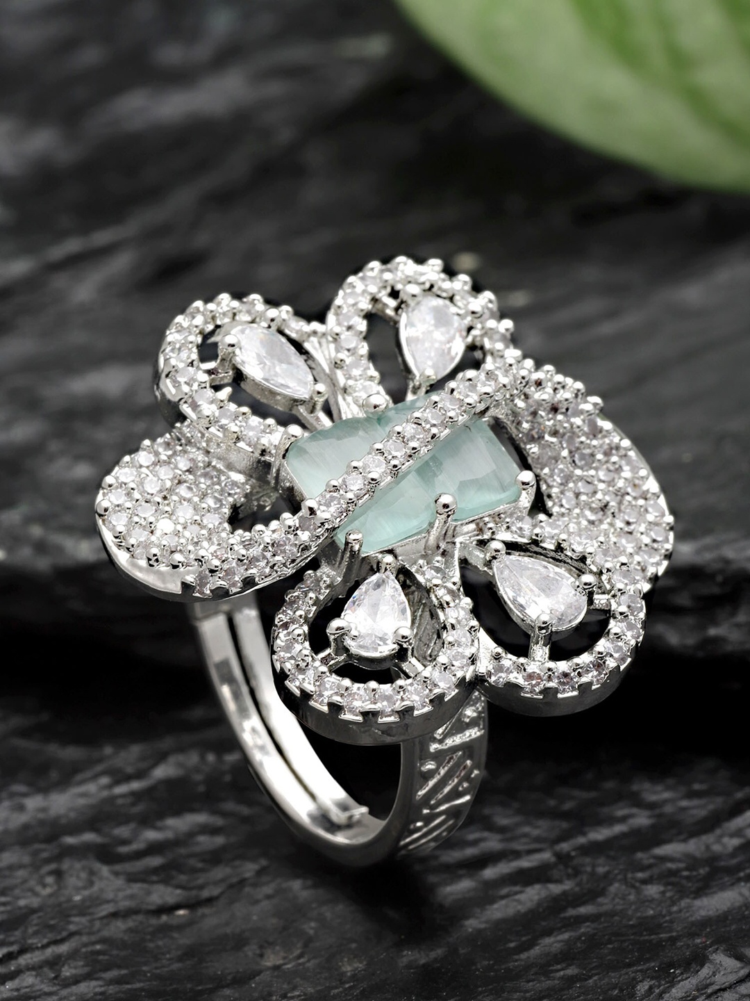 

KARATCART womens Silver-Plated Light Green CZ Studded Adjustable Finger Ring, Blue