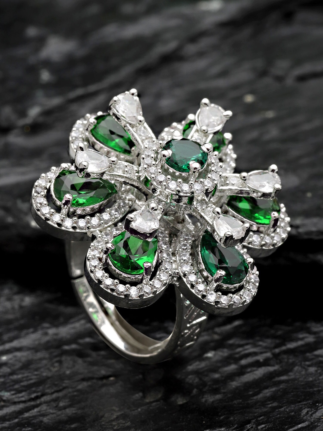 

KARATCART Women Green Cubic Zirconia Studded Silver Tone Adjustable Ring