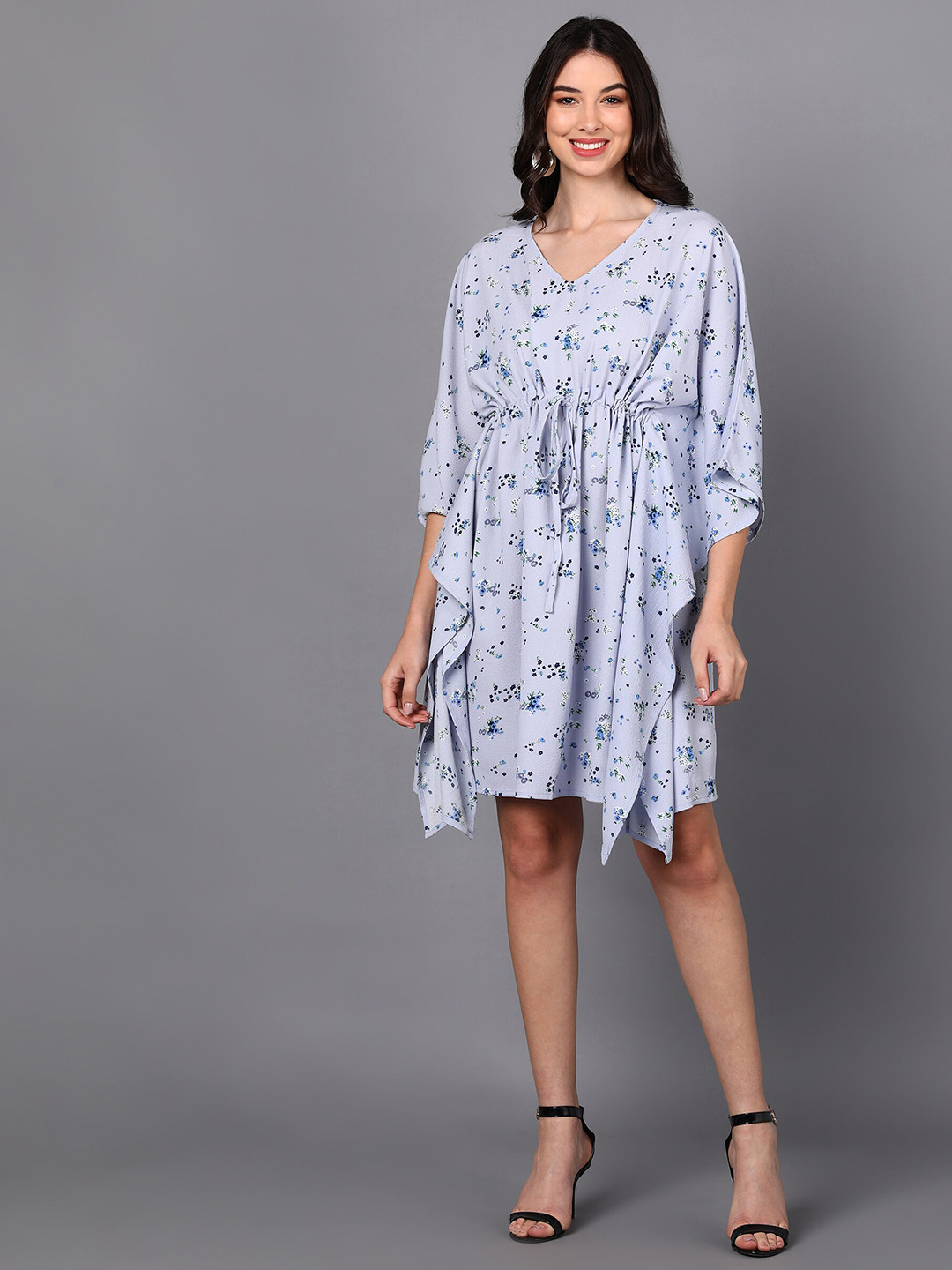 

Fashfun Blue Floral Crepe Midi Kaftan Dress