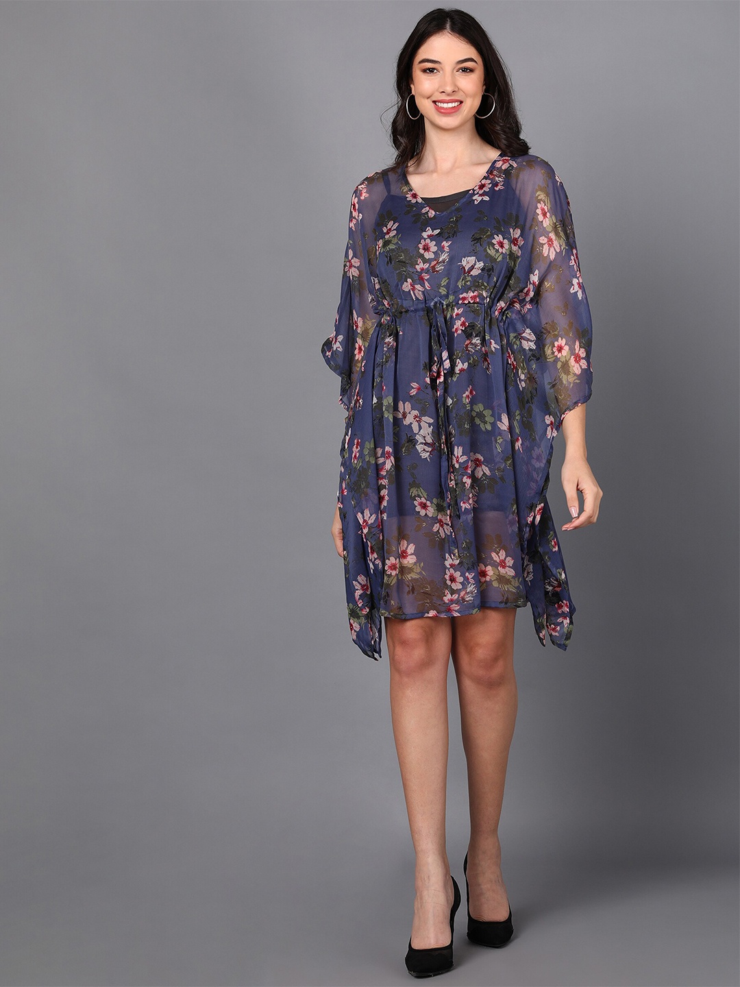 

Fashfun Women Blue Floral Printed Chiffon Kaftan Dress