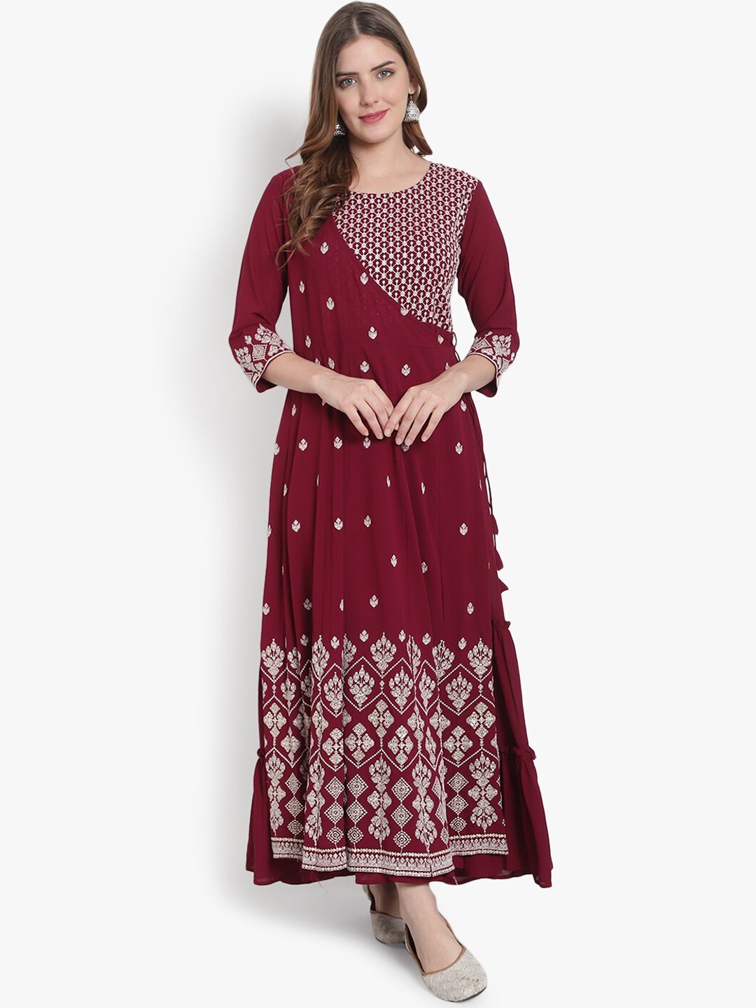 

heemara Women Magenta Ethnic Motifs Yoke Design Thread Work Georgette Anarkali Kurta