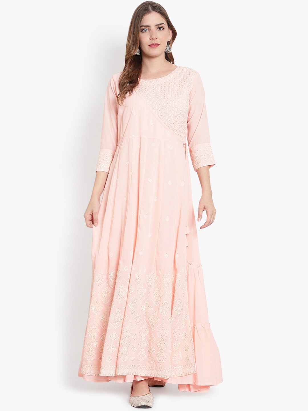 

heemara Women Peach-Coloured Flared Sleeves Gotta Patti Georgette Anarkali Kurta