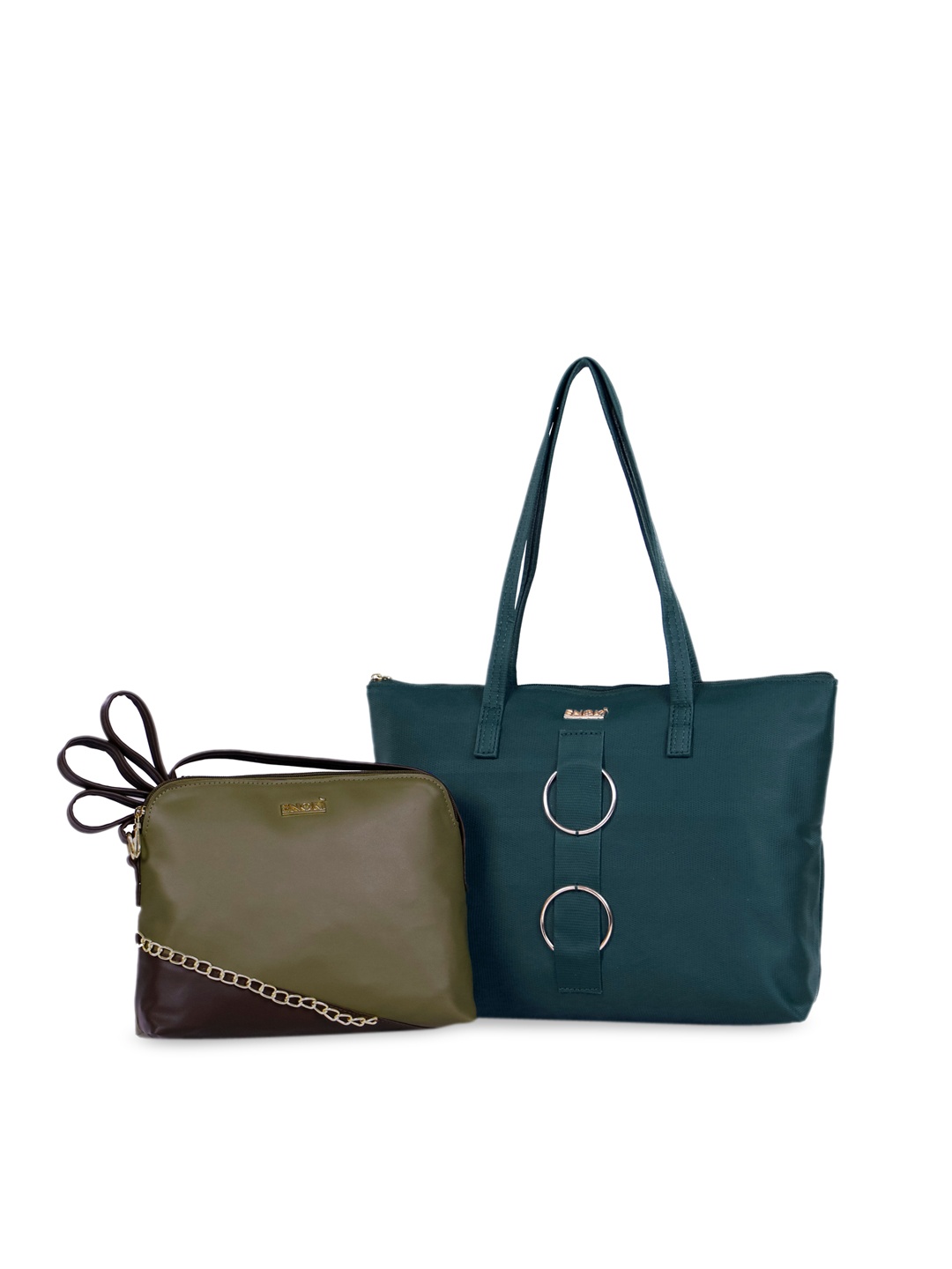 

ENOKI Green Colourblocked Structured Shoulder Bag