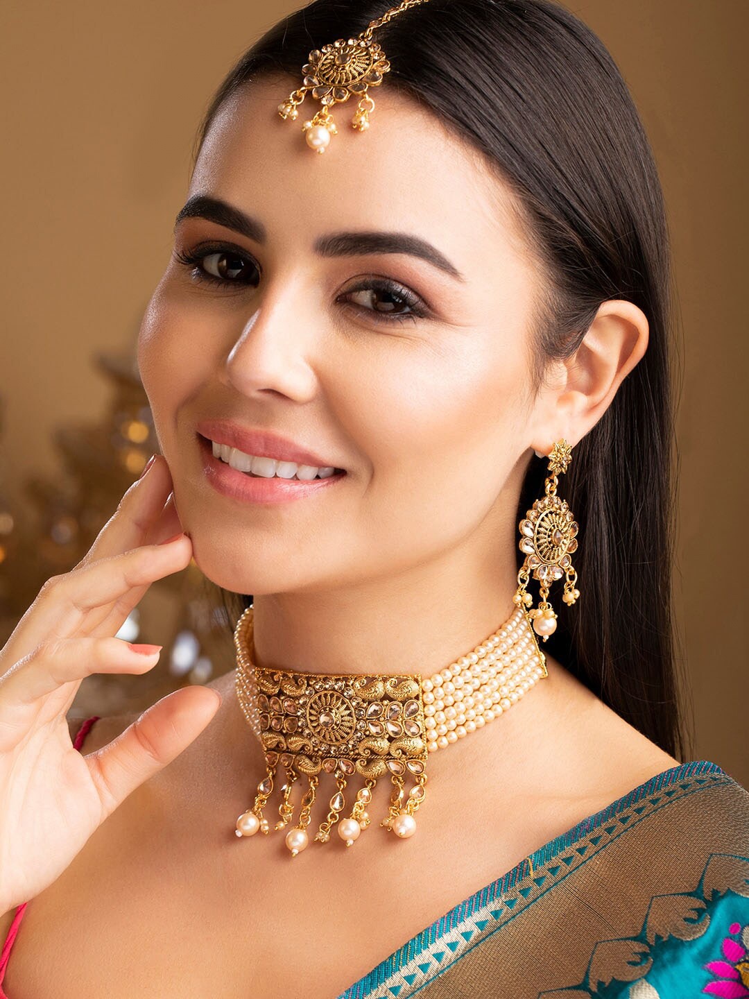 

Rubans Gold-Plated AD Studded & Pearl Beaded Oxidised Jewellery Set