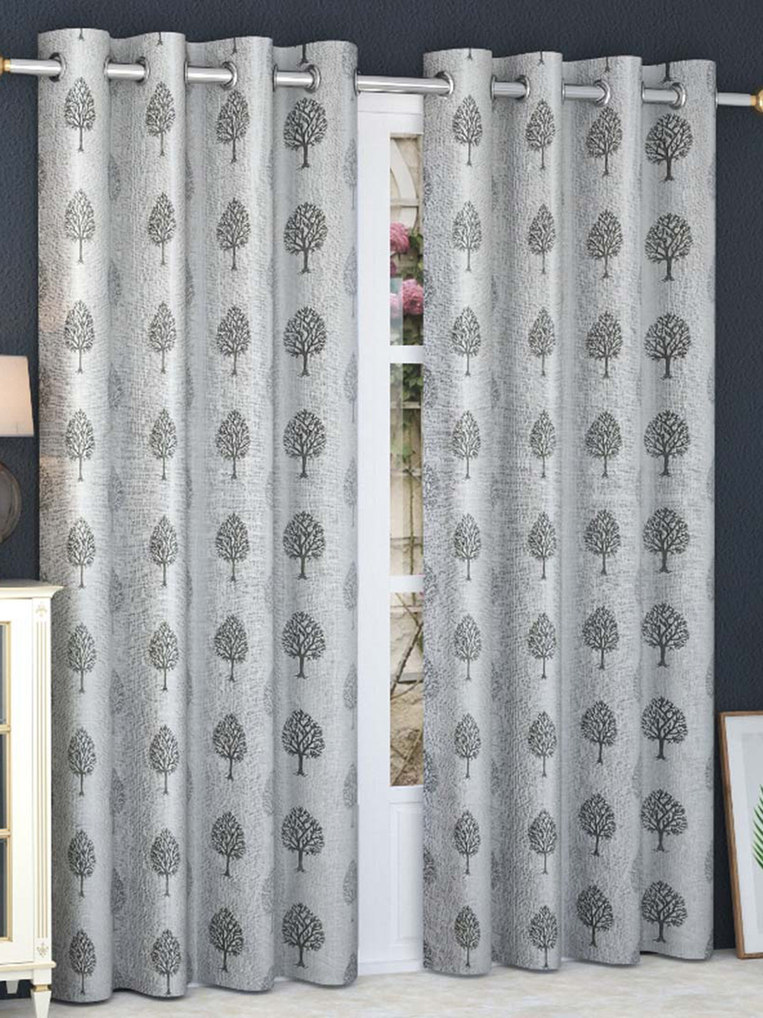 

Slushy Mushy Grey & Black Set of 2 Leaf Printed Door Curtain