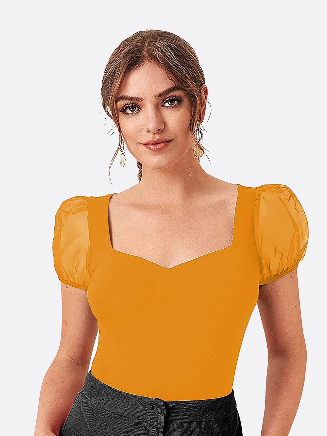 

FAVRIZ Women Yellow Sweetheart Neck Top