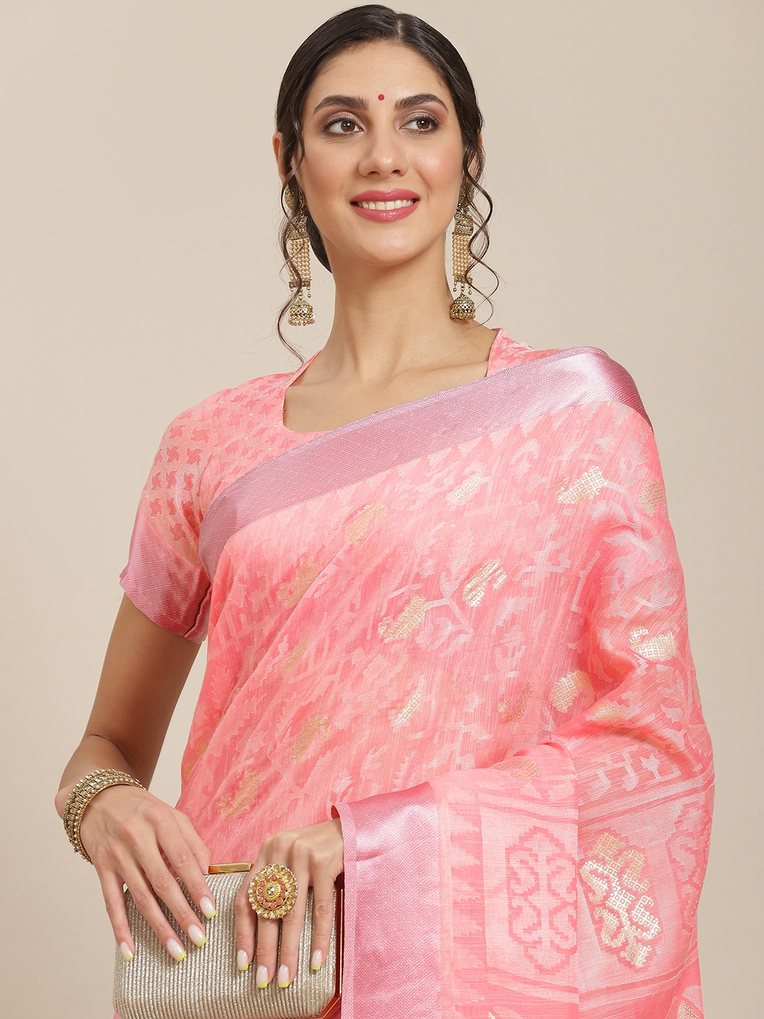 

Mitera Pink & Gold Ethnic Motifs Brasso Woven Design Celebrity Saree