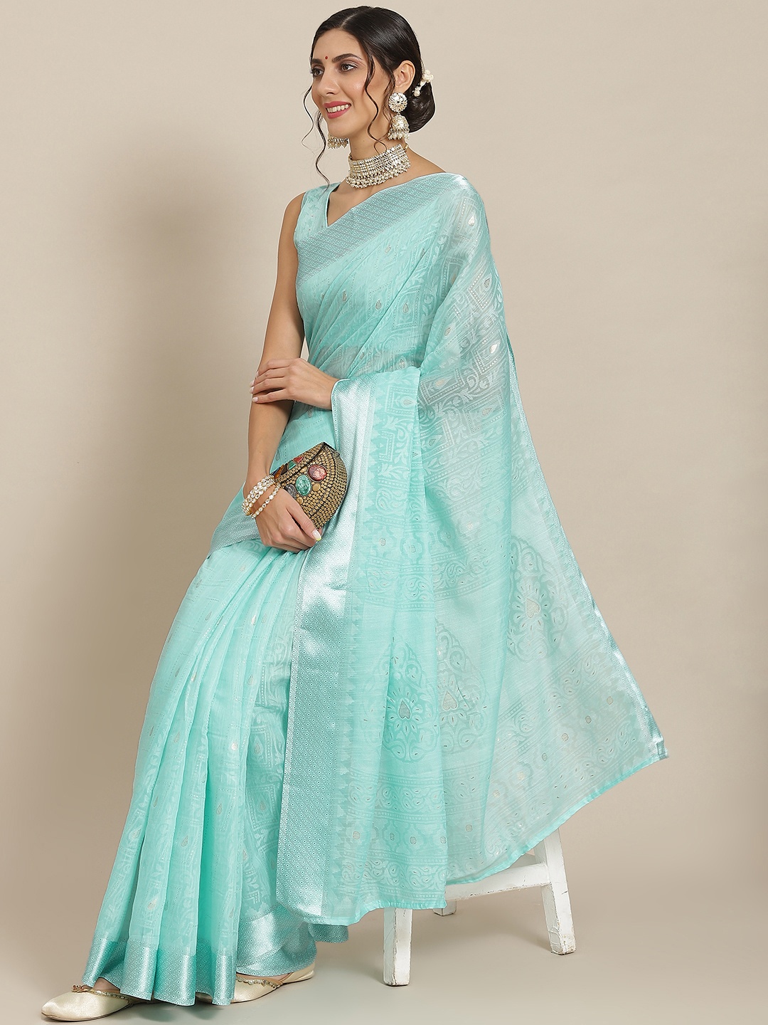 

Mitera Blue & Silver Ethnic Motifs Brasso Woven Design Celebrity Saree