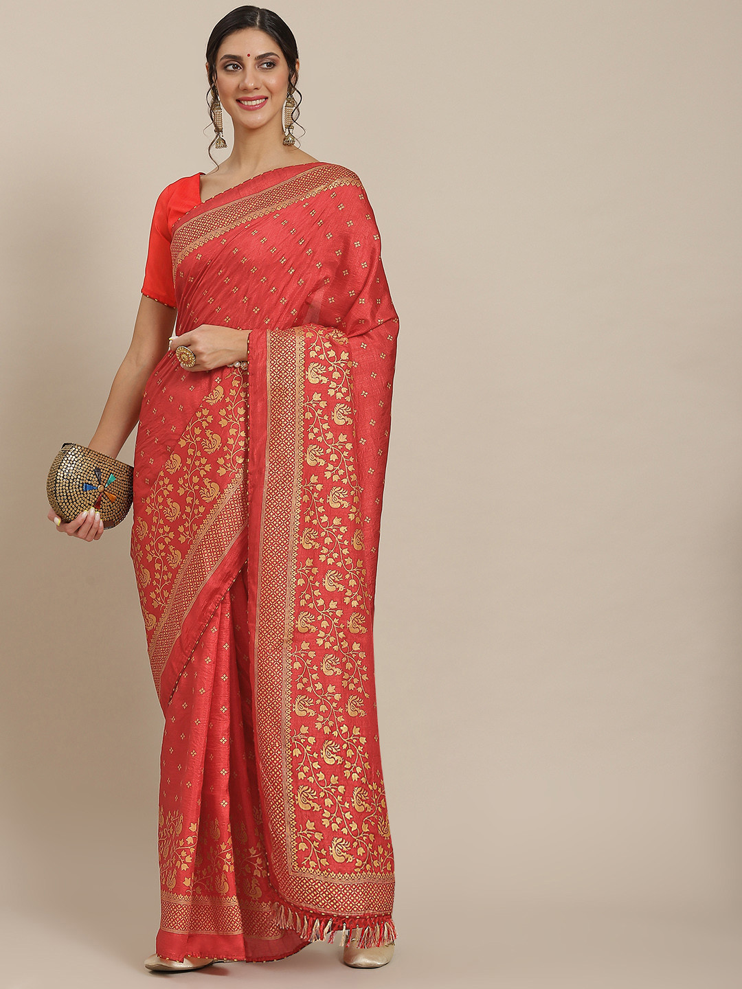 

Mitera Red & Gold Ethnic Motifs Print Celebrity Saree
