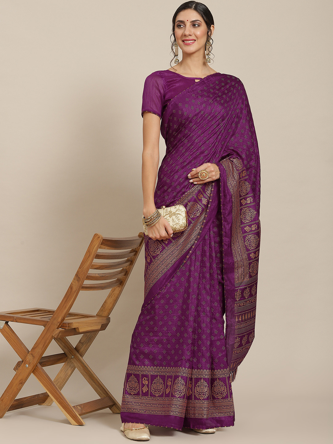 

Mitera Aubergine & Gold Ethnic Motifs Print Celebrity Saree, Purple
