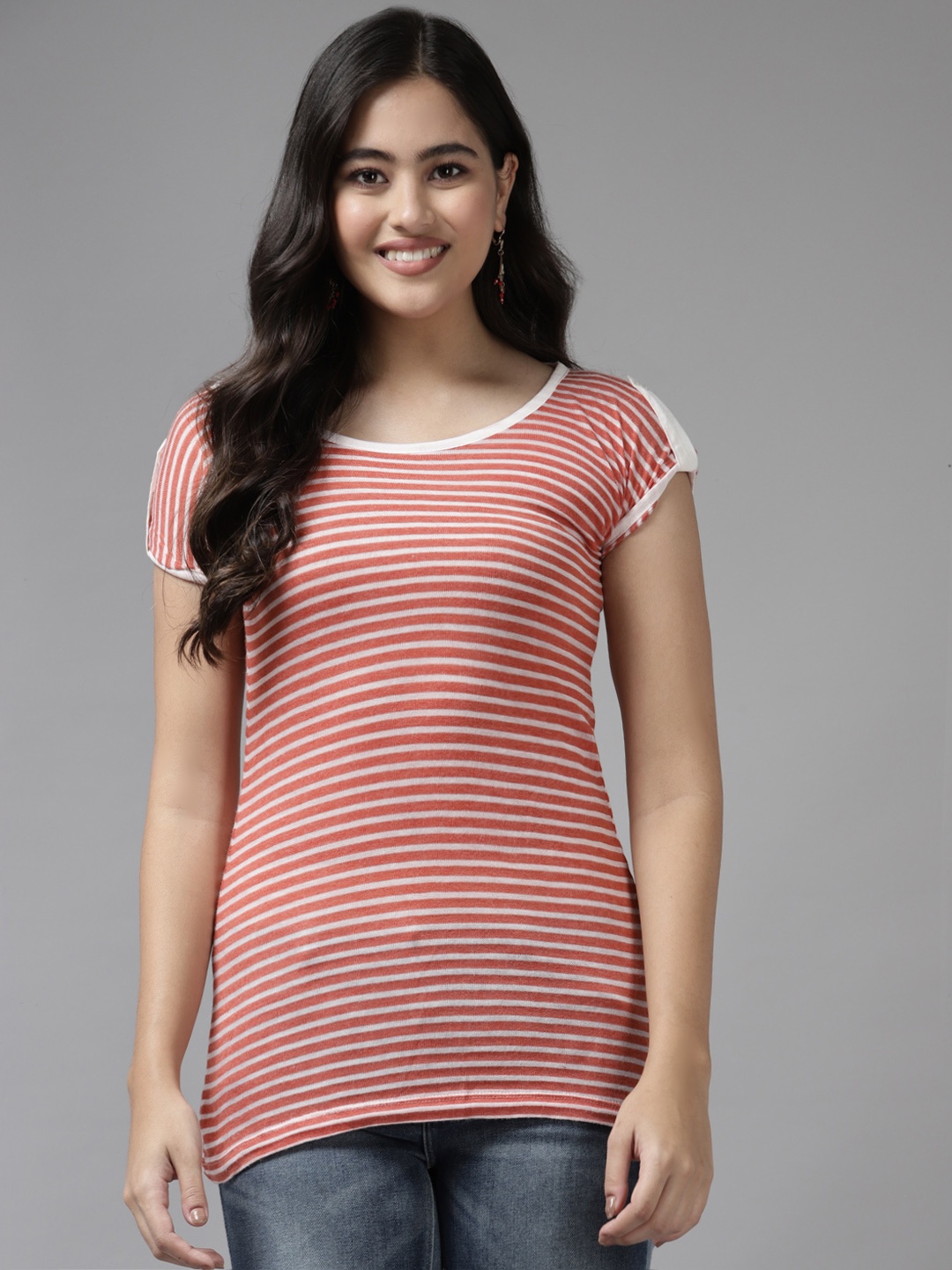 

Aarika Red & White Striped Extended Sleeves Georgette Top