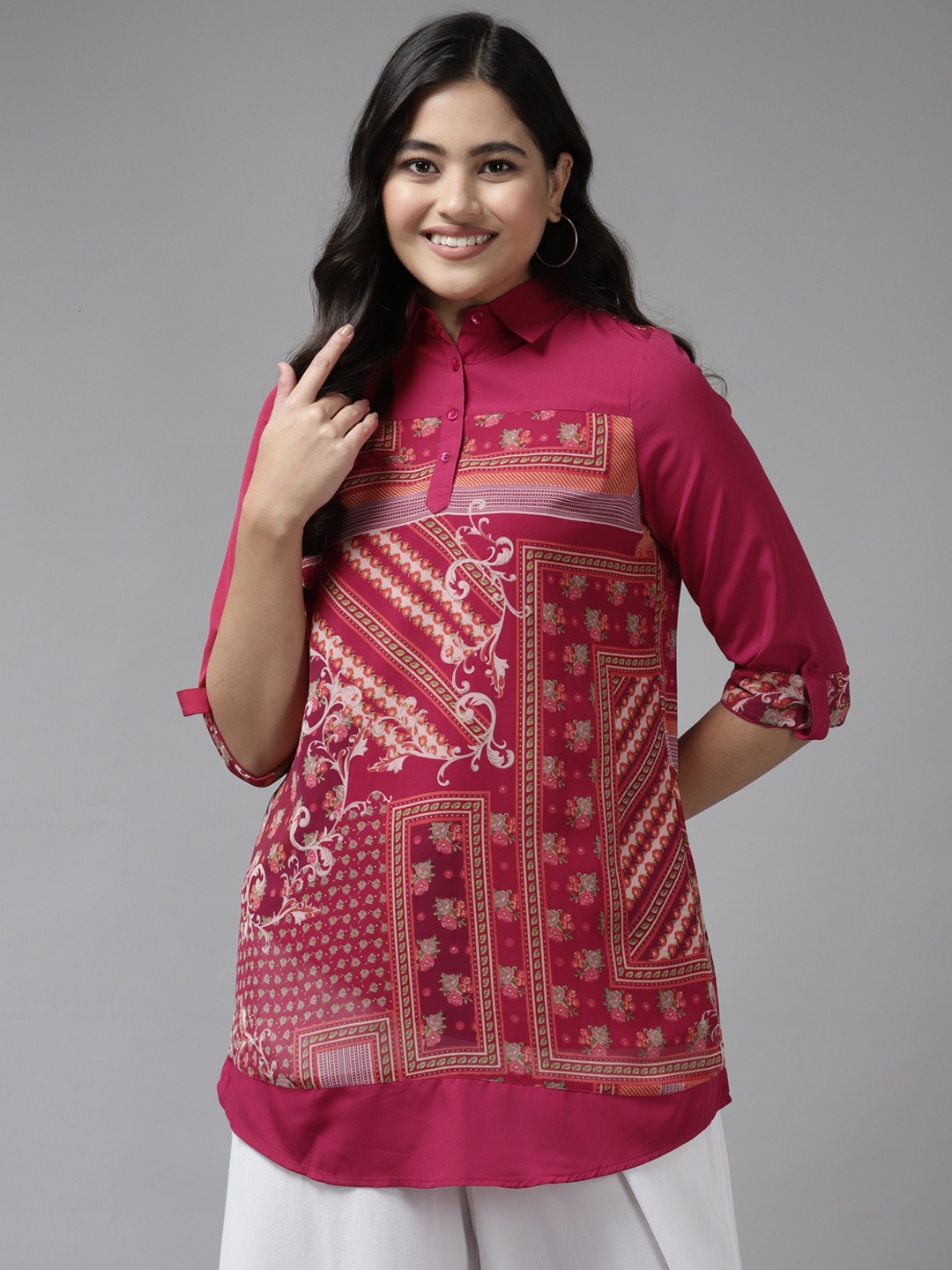 

Aarika Pink Print Georgette Shirt Style Top