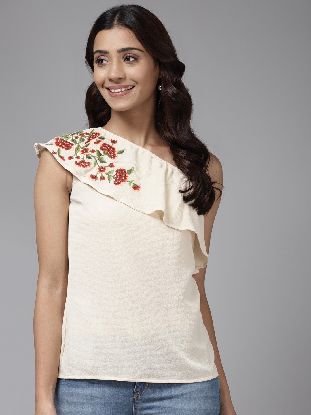 

Aarika Beige Floral Print One Shoulder Ruffles Georgette Top