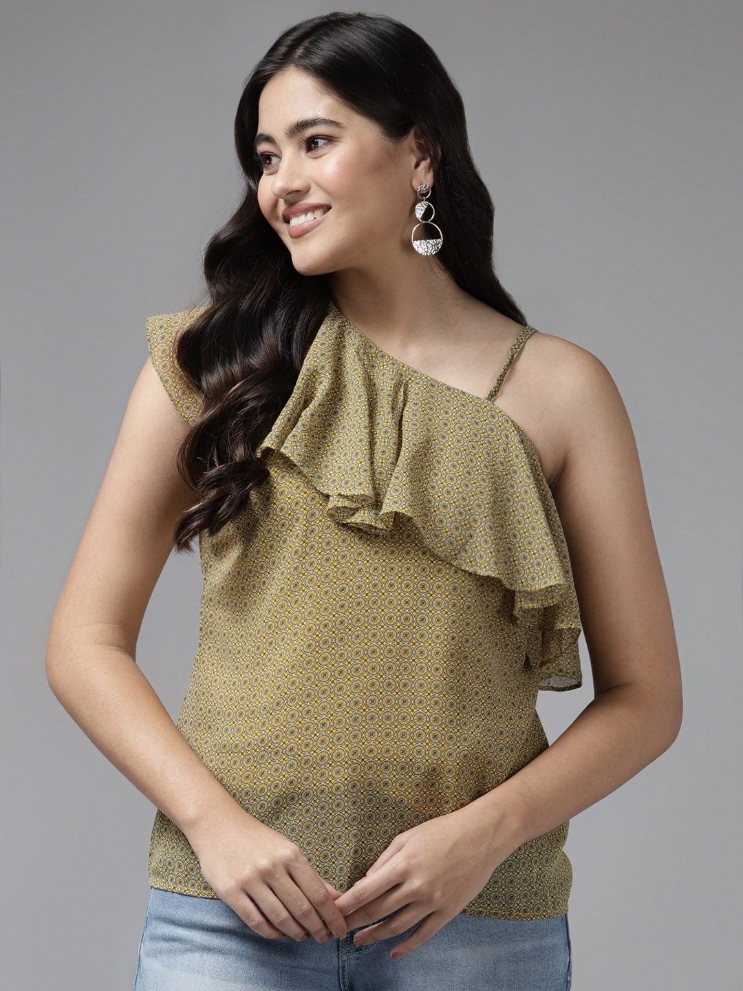 

Aarika Olive Green Geometric Print One Shoulder Ruffles Georgette Top
