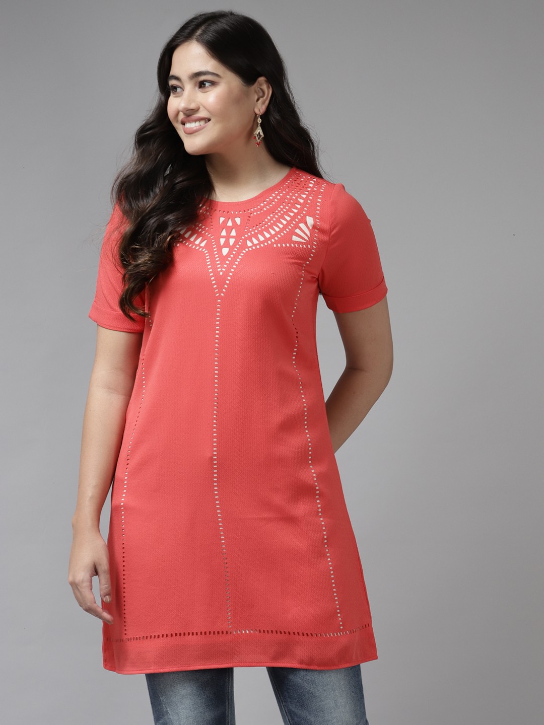

Aarika Coral Pink Cutout Design A-Line Top