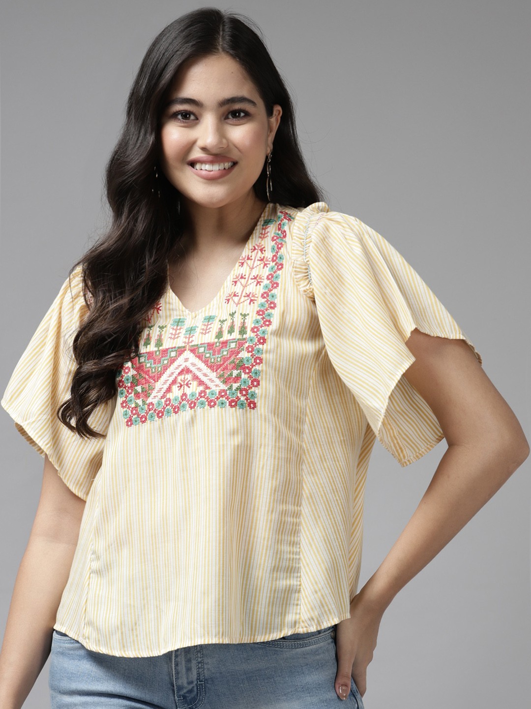 

Aarika Yellow & White Striped Georgette Top