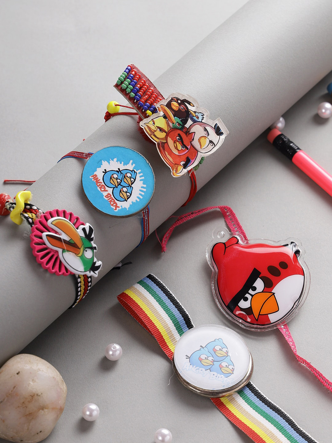 

Aapno Rajasthan Kids Unisex Set Of 5 Angry Bird Theme Rakhi, Blue