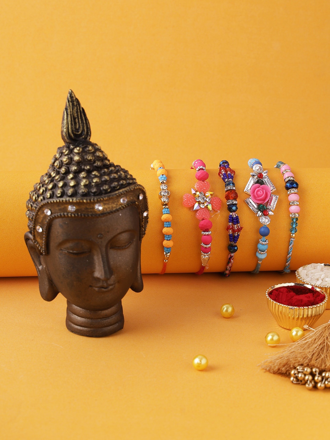 

Aapno Rajasthan Set of 5 Rakhi With Buddha Resin Art, Pink