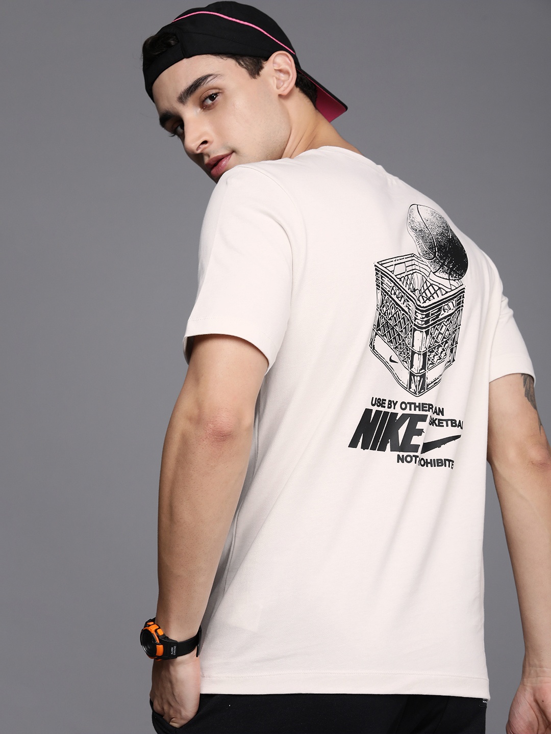 

Nike Men White & Black Brand Logo Printed Pure Cotton Basketball T-shirt