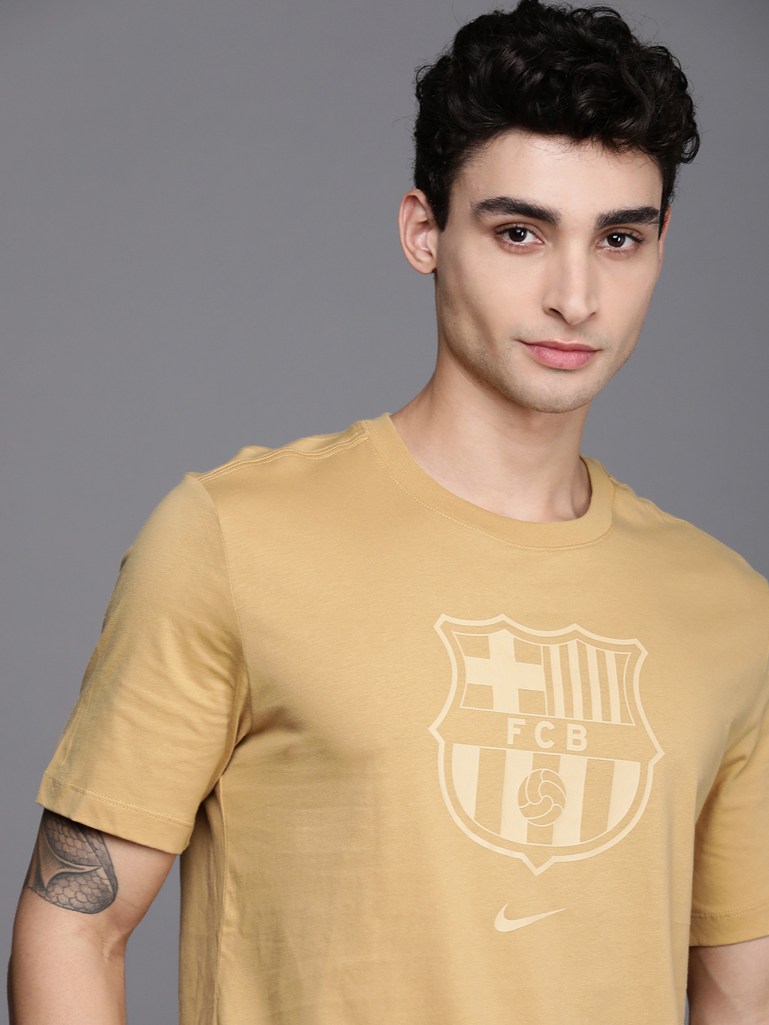 

Nike Men Mustard Yellow Brand Logo Printed Pure Cotton Applique AS FCB M NK CREST T-shirt