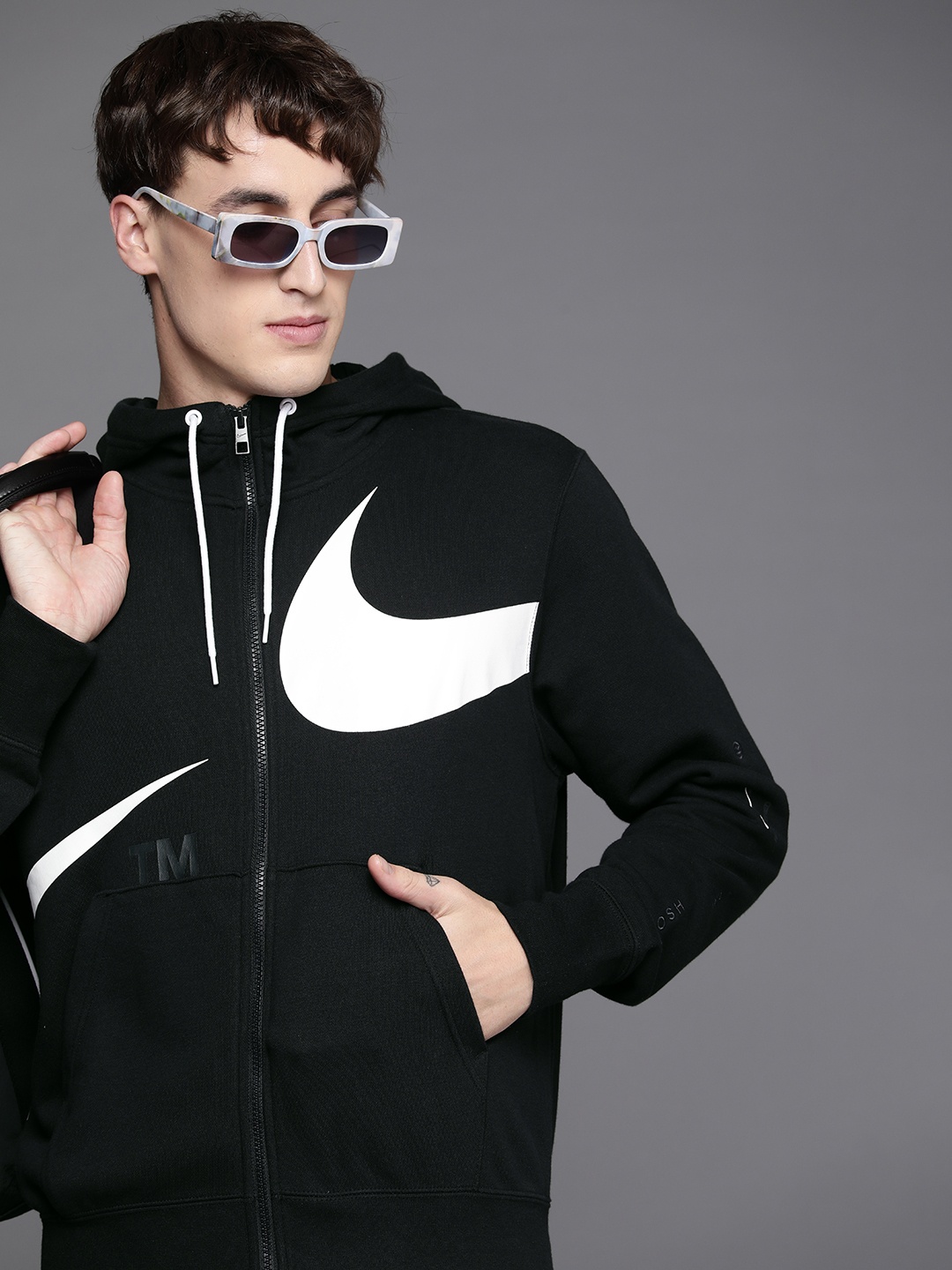 

Nike Men Black Brand Logo Printed Hooded Tailored Jacket