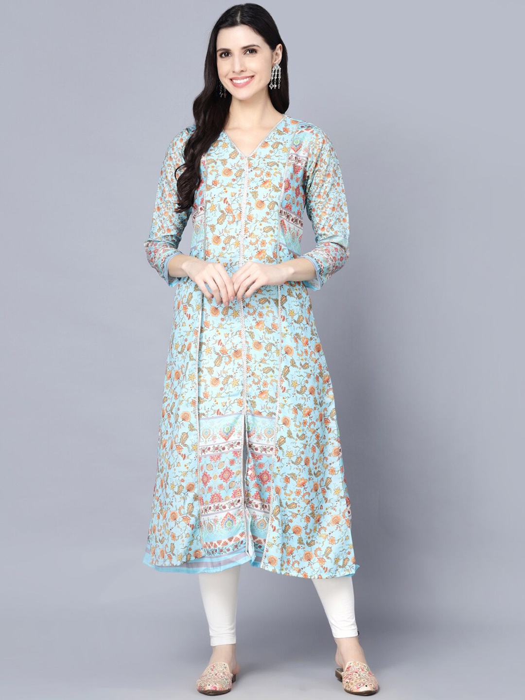 

Myshka Women's Blue Floral Printed Thread Work Anarkali Kurta