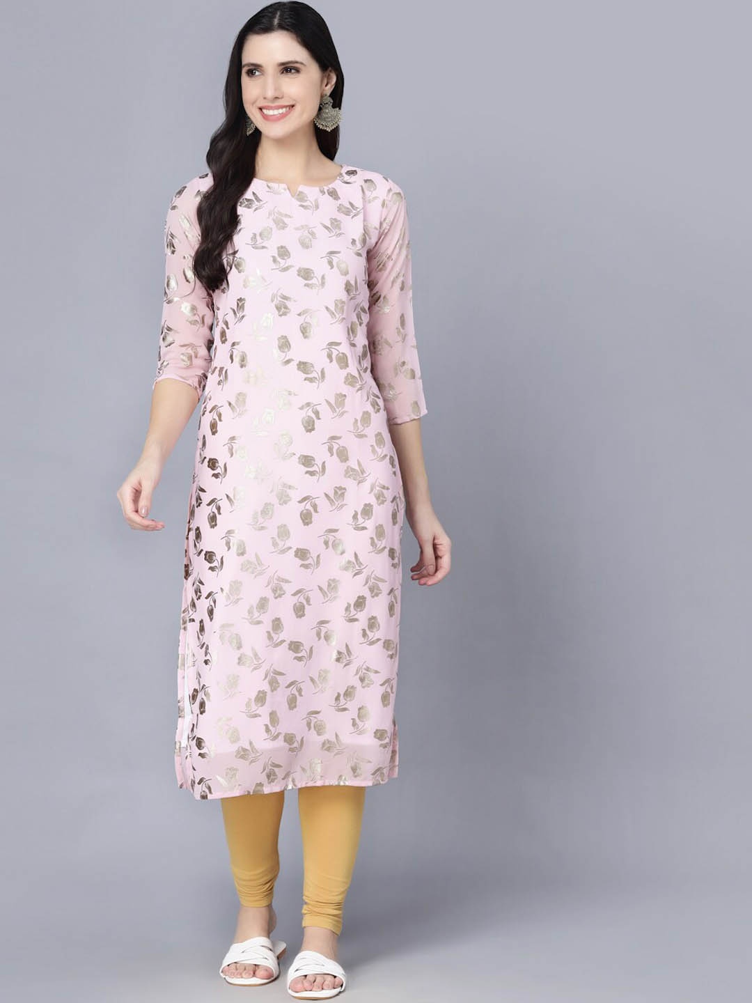 

Myshka Women Pink Floral Printed Gotta Patti Georgette Kurta