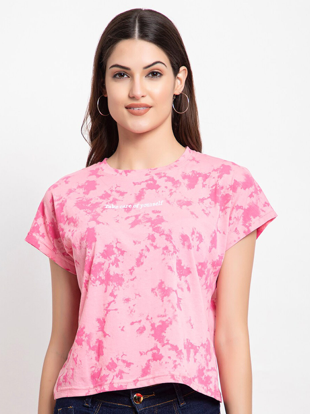 

FEMEA Women Pink Tie and Dye Printed T-shirt