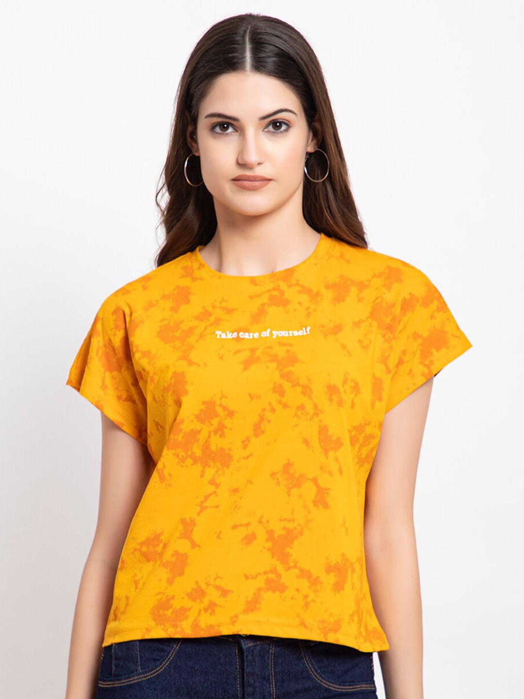 

FEMEA Women Yellow Floral Printed Extended Sleeves T-shirt