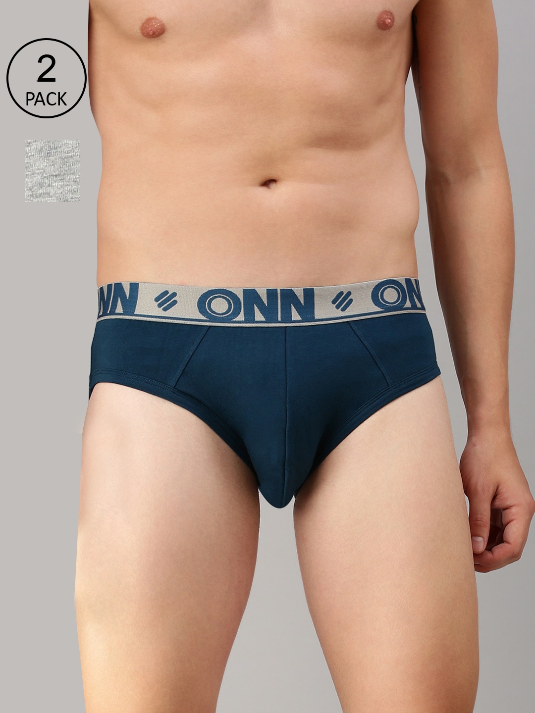 

ONN Men Pack Of 2 Navy Blue & Grey Solid Basic Briefs, Grey melange