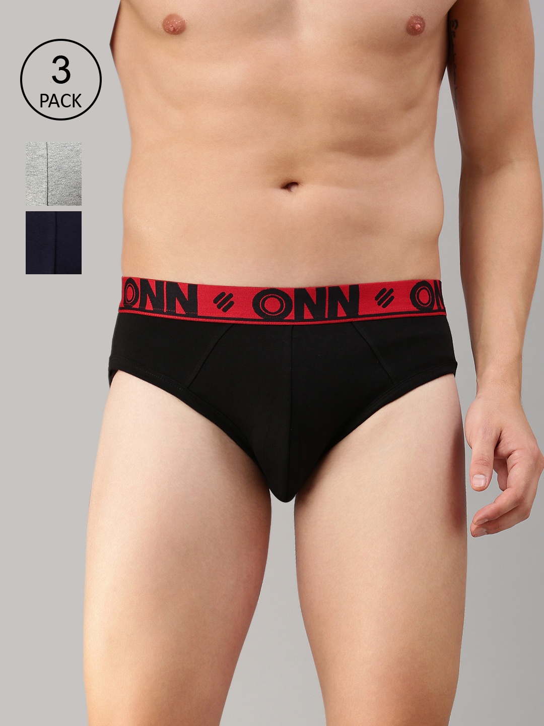 

ONN Men Black & Grey Pack Of 3 Solid Basic Briefs