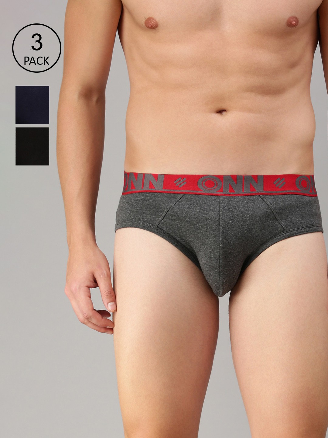 ONN Men Pack Of 3 Black & Navy Solid Basic Briefs ONN_272_BLK_BM_NB_3PC