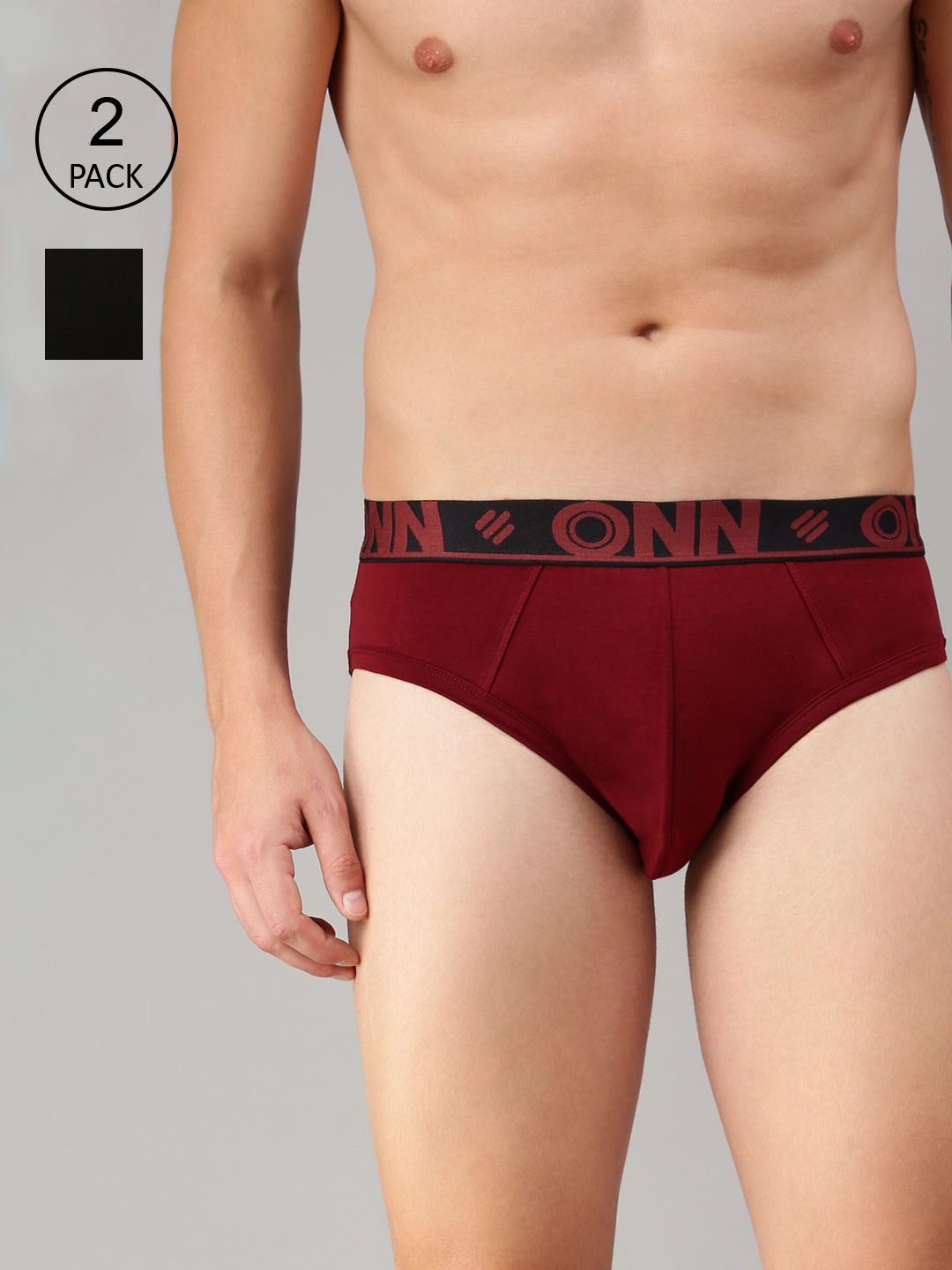 

ONN Men Pack Of 2 Black & Maroon Solid Basic Briefs