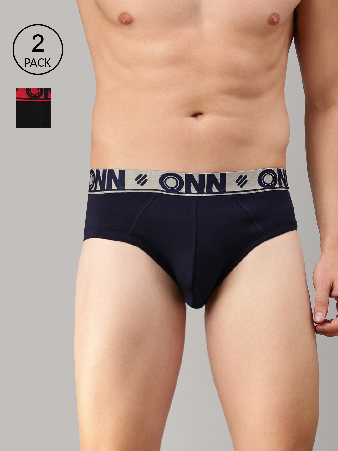 

ONN Men Pack Of 2 Black & Blue Solid Pure Combed Cotton Basic Briefs-ONN_272_BLK_NB_2PC