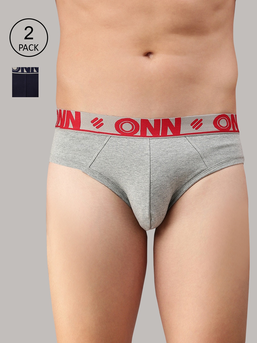 

ONN Men Pack Of 2 Grey Melange & Blue Solid Pure Combed Cotton Basic Briefs-ONN_272_GM_NB_2PC