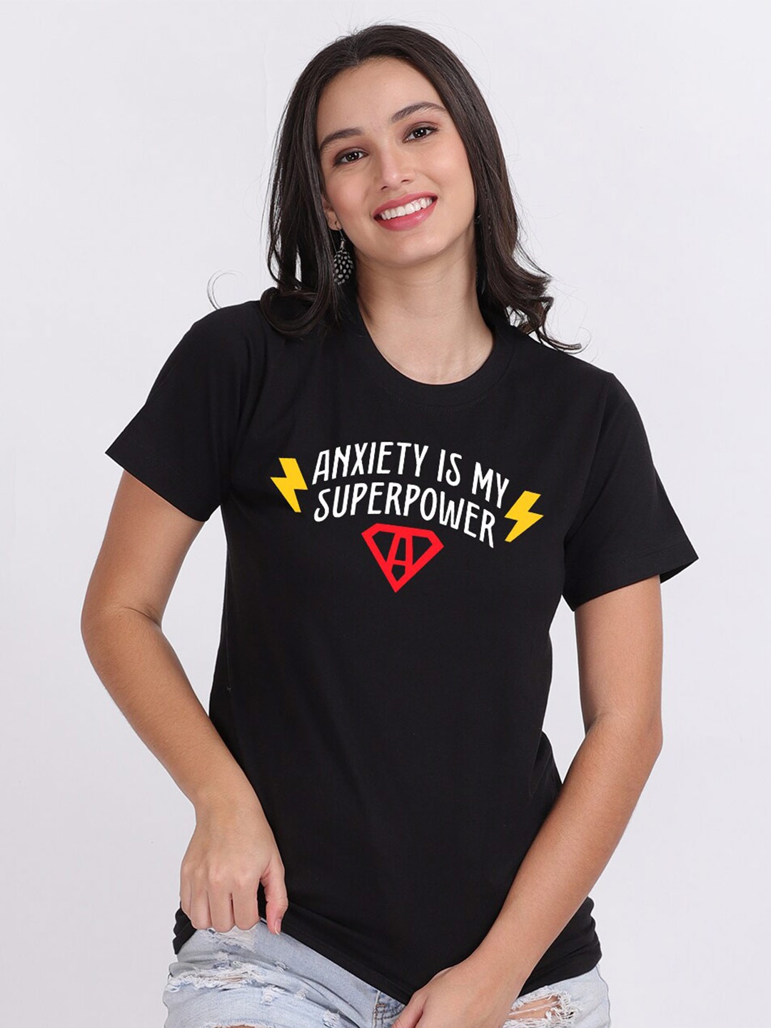 

Mad Over Print Women Black Anxiety Is My Superpower Typography Print T-shirt